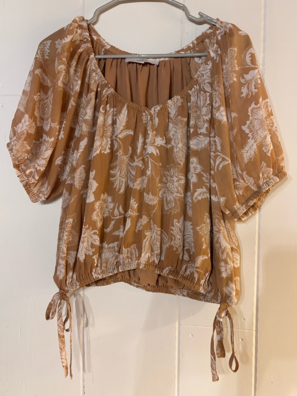 LOFT Camel Floral Drawstring Peasant Blouse